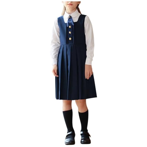Girls Preppy Style Pleated Jumper Dress Long Sleeve Lapel Shirt with Necktie Cute School Uniform Outfits for 3-15 Years