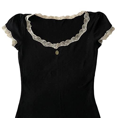 Y2K Fairy Lace Trim Top for Teen Girls Short Sleeve Slim Fit T-Shirts 2000s Tees Aesthetic Clothes4