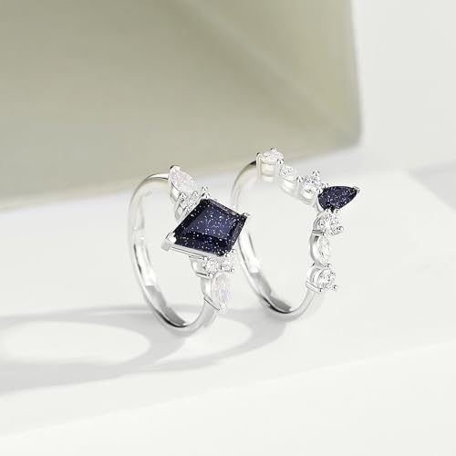 Personalized 925 Sterling Silver Engagement Rings, Kite Cut Blue Sandstone Ring for Her Womens Bridal Ring Set, Wedding Ring Set Anniversary Bands Sets of 2.4