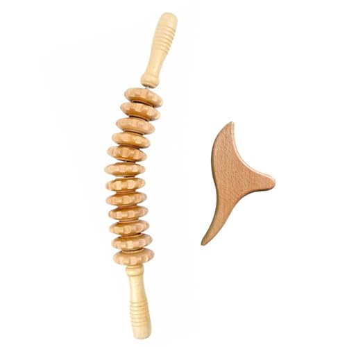 Baymate Juego de Herramientas de Masaje de Madera 2 en 1 Rodillo Masaje Muscular Manual Rascador Triangular Masajeador Anticelulitico para Cintura Abdomen Piernas para Drenaje Linfático