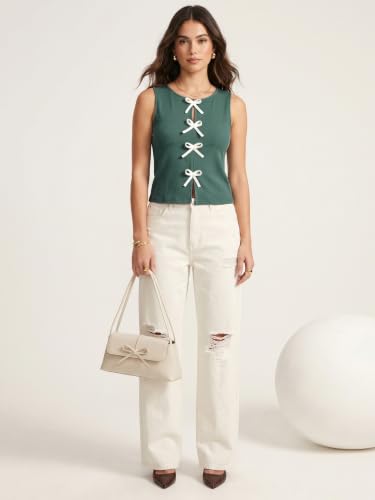 Image of Selvia Ribbed Bow Detail Sleeveless Crop Tops for Women Western