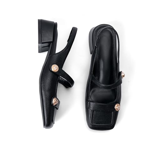 Image of Slingback Mary Jane Heels for Women Low Block Heel Closed Square Toe Pump Shoes Heels Classic Daily Office Dressy Shoes