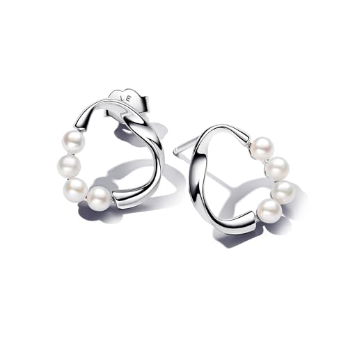 PANDORA Essence Orecchini a bottone in argento Sterling con perla coltivata d'acqua dolce trattata bianca, Orecchini a lobo asimmetrici
