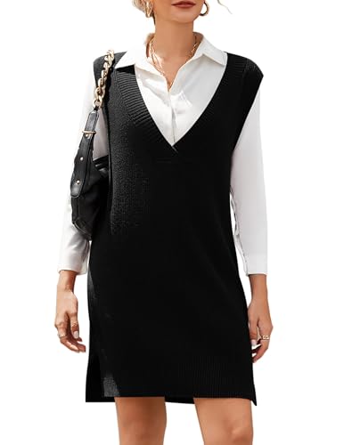 HOTOUCH Womens Oversized Sweater Vest Dress Fall Winter V Neck Sleeveless Trendy Casual Pullover Knit Mini Dresses, Black X-Large