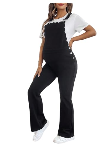OYOANGLE Womens Maternity Side Button Jumpsuit Adjustable Strap Sleeveless Flare Leg Overalls Black Large