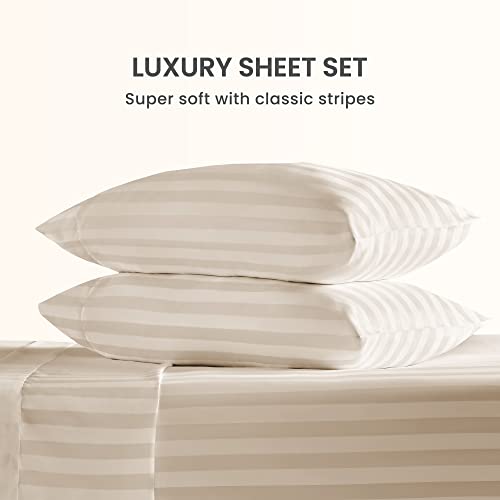 SLEEP ZONE Striped Cooling Sheets Set Full Size - Fitted Flat Sheet & Pillowcase Sets 4 Piece - Super Soft Stripe Bed Sheet, Easy Care, Deep Pocket (Beige, Full)
