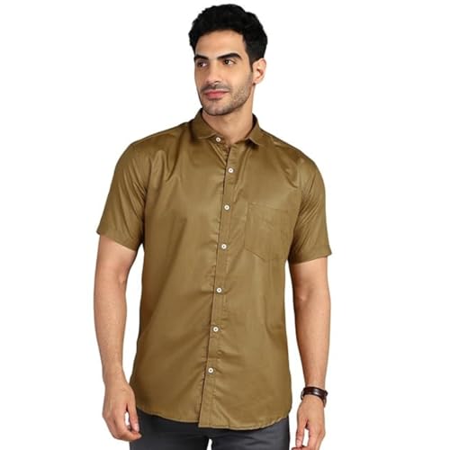 Image of MILDIN Men's Cotton Blend Solid Shirt with Spread Collared Half Sleeve Curved Hemline Button Closure Regular Fit and One Pocket | Half Sleeve Shirt for Men