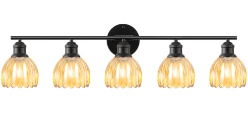 Image of Bathroom Light Fixtures, 5-Light Brushed Black Vanity Lights for Bathroom with Amber Tulip Glass Shade, 30 inch Vintage Bathroom Vanity Lighting Fixtures Over Mirror for Bedroom Living Room Hallway