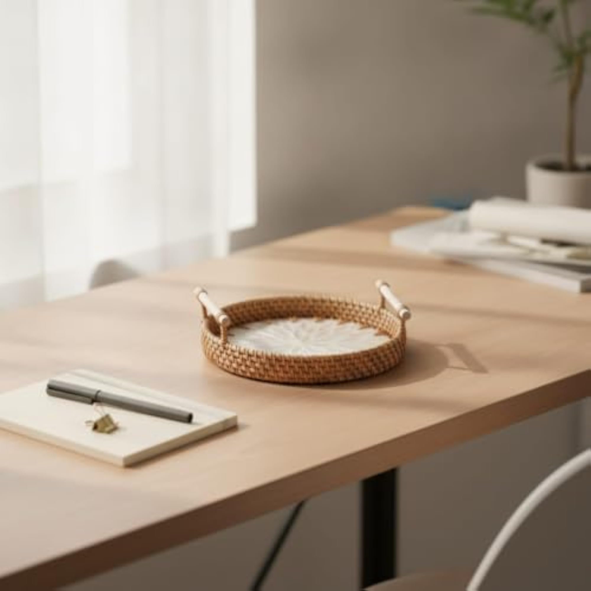 Handwoven Wicker Basket Tray with Handles, Rustic Design