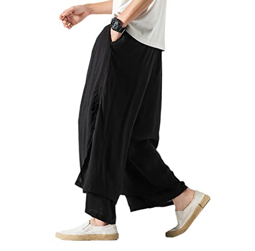 TEWINUH Men Cotton Linen Pants Breathable Solid Color Wide Leg Pants Male Street Hanfu Kongfu Skirt Trousers, Black, 4X-Large