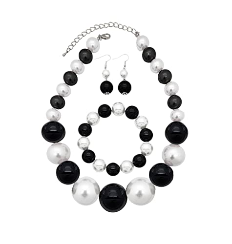 BA UNIQUE FASHION Women's Chunky Large Simulated Pearl Statement Necklace, Bracelet, Earring Set (Black + White)