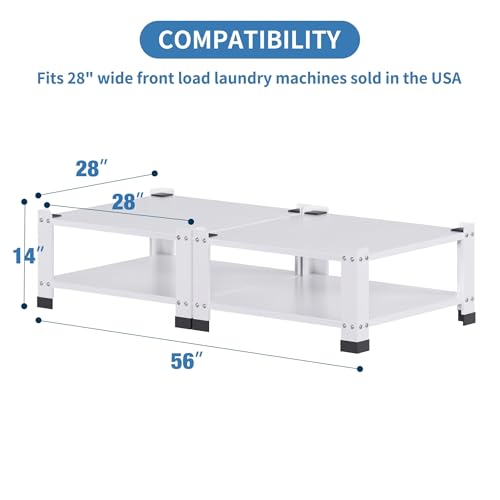 Image of 2 Pack Washer and Dryer Pedestals, 28 Inch, 14.37 Inch High | White metal stands with storage shelves, 800 lb capacity per stand, cushion pads, and required assembly.