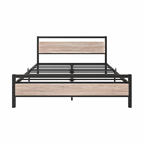 Image of BOFENG Queen Bed Frames with Wood Headboard,Heavy Duty Platform Bed Frame No Box Spring Needed,Farmhouse Bed Steel Slat Mattress Foundation Sturdy Square Pipe Design Home Furniture