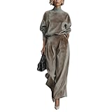Women's Velvet 2 Piece Set Elegant Turtleneck Casual Warm Velvet Suit Solid Color Fashion Warm Sportswear Wide leg Pants Set (Light Brown,Medium)