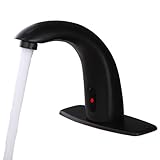 Fyeer Automatic Touchless Bathroom Sink Faucet Motion Activated Sensor Faucets Hands Free Commercial Tap with Hole Cover Deck Plate Battery Operated Control Adjustable Temperature Mixer（Matte Black）