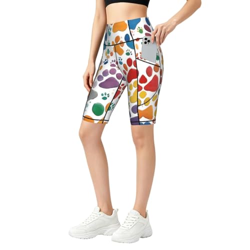 Short de sport taille haute avec poches Paw Prints Art pour femme