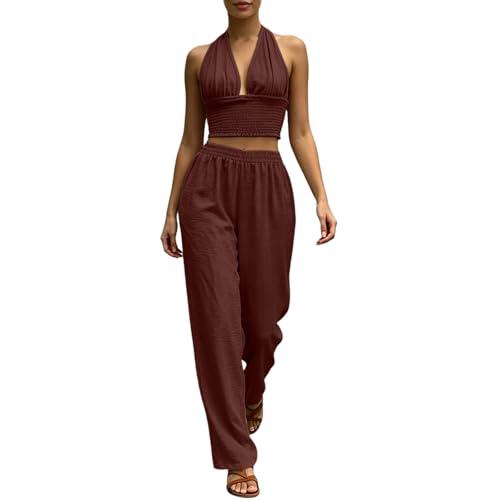 Ensemble femme boho 2 pièces top col V et pantalon large été