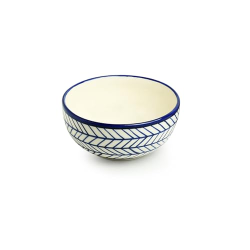 Image of ExclusiveLane 'Indigo Chevron' Ceramic Bowls for Serving Bowl Set (Set of 4, Microwave & Diswasher Safe, Each Bowl Capacity : 380 ml) |Bowl for Kitchen Snacks Serving Bowl Ceramic Snack Bowl