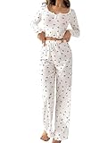  ticticlily Pyjama Femme Hiver Ensembles de Pyjamas 2 Pièces Vêtement d\'Intérieur Top à Manche Longue Col V Imprimée Motif Pantalon Taille Haute Tenue de Nuit A Blanc M