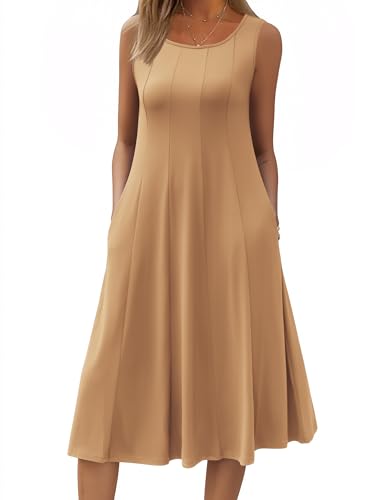Image of HOTOUCH Summer Casual Dresses for Women Sleeveless Midi Dress Swing Tank Sundress Pleated Tshirt Dress with Pockets