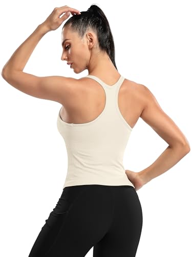 Image of ATTRACO Ribflex Ribbed Workout Crop Tops with Built in Bra for Women Yoga Racerback Tank Top Slim Fit
