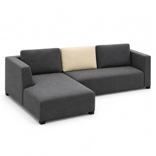 Image of FURNY Olympus 4 Seater LHS L Shape Sofa Set | Plush Velvet Suede Fabric | Modern Design | Soft Comfort Dual Color Cushions for Living Room, Office & Hotels (Dark Grey-Cream)