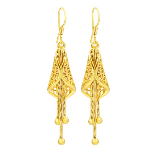 DIAMANTIO Elegant Gold Tassel Dangle Earrings – 18K Gold Plated, Vintage Filigree Long Drop Earrings, Luxury Statement Jewelry for Parties & Special Occasions