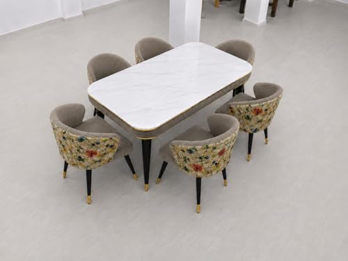 Image of WOODEN SPACE 6-Seater Wooden Dining Table Set | Nano Composite Marble Top | Solid Wood Base | Modern Dining Room Furniture with 6 Chairs (Printed Brown)