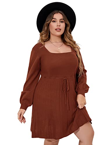 Image of Women's Plus Size Casual Sweater Dress Square Neck Long Lantern Sleeve Tie Waist Loose Pullover Sweater Dresses