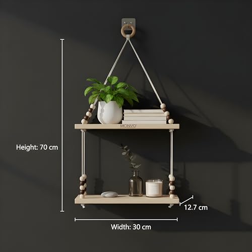 Image of 2Tier Hanging Shelf with Magic Hook, Use Decor Plants, Books, Decorative Gift Items Nursery Livingroom Wooden Beads & Ring Woven Bohemian Chic for Dorm