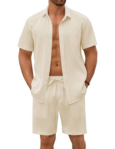 COOFANDY Mens Linen Short Set Summer Beach Outfits 2 Piece Short Sleeve Shirts and Shorts Vacation Outfits Sets
