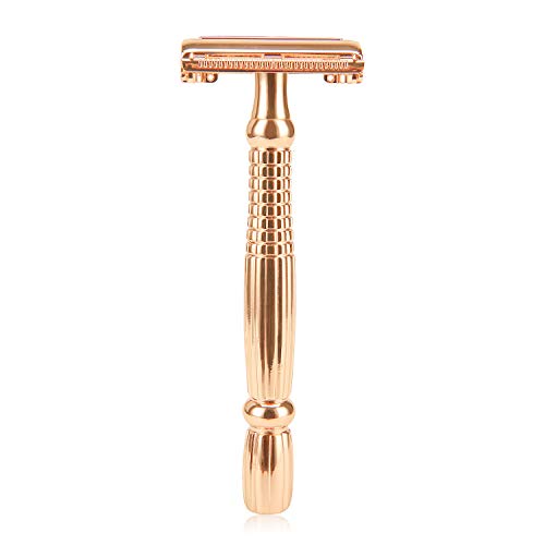 BAILI Butterfly Open TTO Double Edge Safety Razor Long Handle Wet Shaving for Men Women with 5 Platinum Blades and Stand Rose Gold BR277L