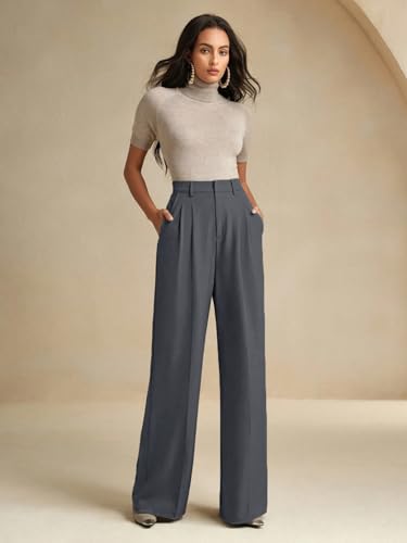 Image of KOTTY Women's High Waist Solid Color Hook and Bar Wide Leg Trousers Loose Comfort Trouser with Pockets
