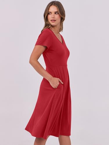 Image of ANRABESS Women Summer Dress Casual Short Sleeve V Neck A-Line Knee Length Pleated Flowy 2026 Fashion Midi Dresses with Pocket