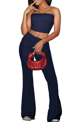 Image of Sexy Women's 2 Piece Lounge Sets Pajama Outfits Casual yoga Crop tube Top High Waist Wide Leg Foldover Flare Pants