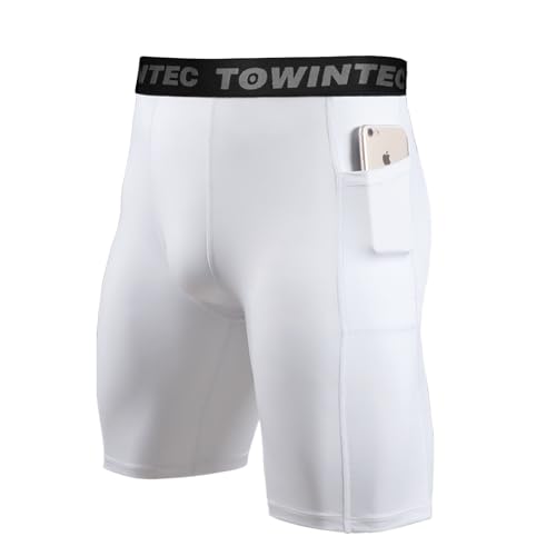 Towintec Pantaloncini Compressione Uomo con Tasca per Calzamaglia da Corsa Sportiva per Biancheria Intima per Allenamento Atletico in Spandex per di Pallavolo e Pallacanestro(Bianco,L)