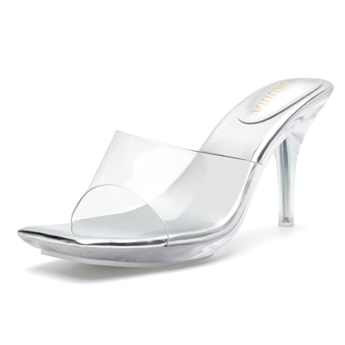 Image of LIURUIJIA Clear Heels For Women Sexy Slip On Open Toe High Heeled Dressy Sandals Comfortable Strappy Mules