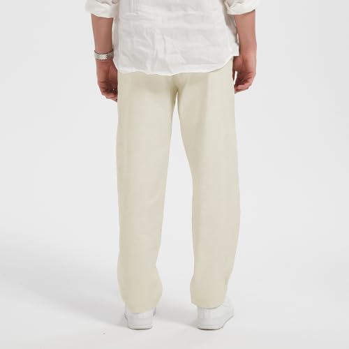 Isle Bay Linens Casual Linen Pants for Men - Summer Beach Pants with Pockets, Loose fit and Elastic Drawstring Waist White Color3