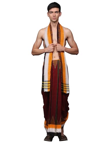 Men's Pure Cotton Dhoti and Angavastram Set with Woven Temple Border | Traditional Dhoti Gamcha Set for Pooja Wedding Biking Red
