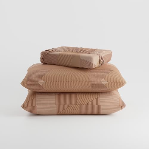 Image of BLISSHOME Everlast 150TC King Size Fitted Bedsheet with 2 Pillow Covers, Aesthetic Bedding, Wrinkle Resistant, 100+ Wash Durable, Quick Dry, Geometric Pattern - Gold (183cm x 198cm + 25cm Drop)