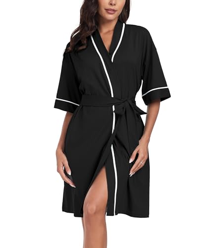 Image of ANLIQI Womens 100% Cotton Robes Lightweight Summer Short Sleeve Lady Bathrobe Knee Length Kimono Robe Sleepwear with Pockets