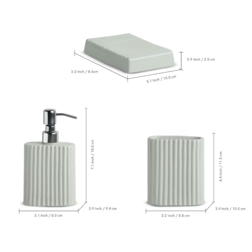 Image of ExclusiveLane 'Ivory Flute' Ceramic Bathroom Accessories Set of 3 (Ceramic Liquid Soap Dispenser Set for Wash Basin, Paste & Toothbrush Holder, Soap Tray) |Hand-Carved |Bathroom Organiser Set