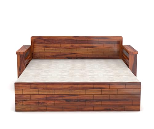 Image of Solid Sheesham Wood Diwan Bed for Living Room & Bedroom | Modern Wooden Sofa Cums Bed with Side Storage Rack | Multipurpose Day Bed for Home Furniture (Honey Finish)