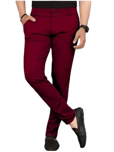 Image of Men's Slim Fit Formal Trousers with Mid-Rise Waist and Lycra Blend | Solid Pattern and Button Closure | Ideal for Office, Business, and Everyday Wear