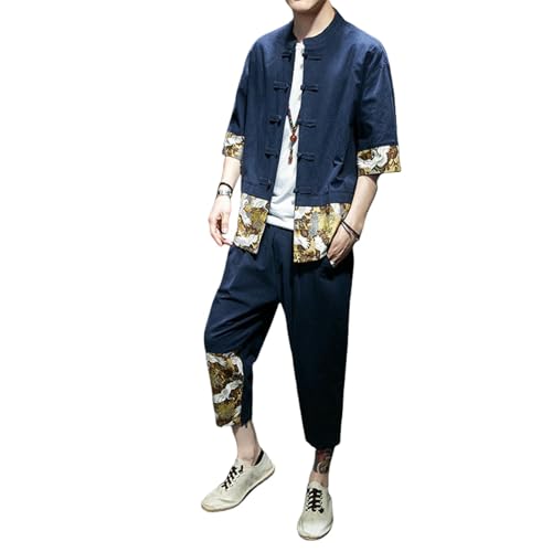 Ensemble pantalon homme style chinois chemise ample patchwork manches courtes