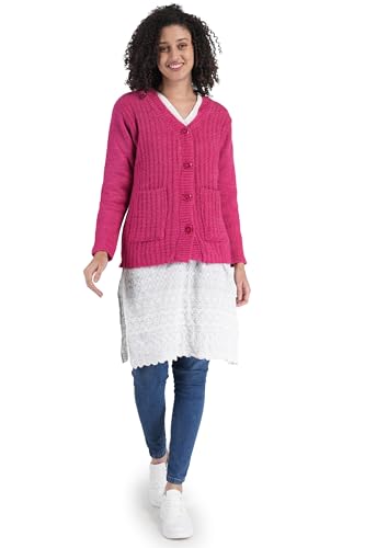 Image of MANRA Women's Woolen V-Neck Buttoned Full Sleeve Cardigan Self Design Soft Wool Fabric Winter Wear Pure Wool Sweater Fully Warm with Front Pockets Stylish Cardigan