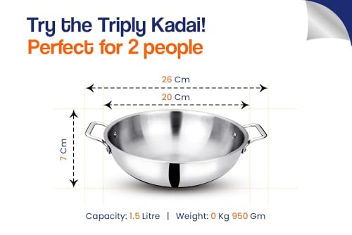 Image of Bhalaria Triply Stainless Steel Kadhai 20cm 1.75 Litre | 2.5mm Heavy Gauge 3 Layer Body | Induction & Gas Compatible Deep Fry Pan for Sabzi & Curry | Dishwasher Safe | 950g