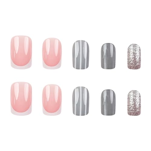 Image of Silver Glitter Press on Nails Short Square Fake Nails French Tip False Nail with Striped Design Full Cover Glossy Stick on Nail for Women Salon Manicure 24Pcs