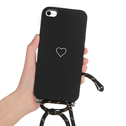 Cover Cordino per iPhone SE 4.7 con Disegni Custodia Amore Cuore Motivo Aesthetic con Laccio Tracolla Catena Morbido Antiurto Case Collana Regolabile silicone nero