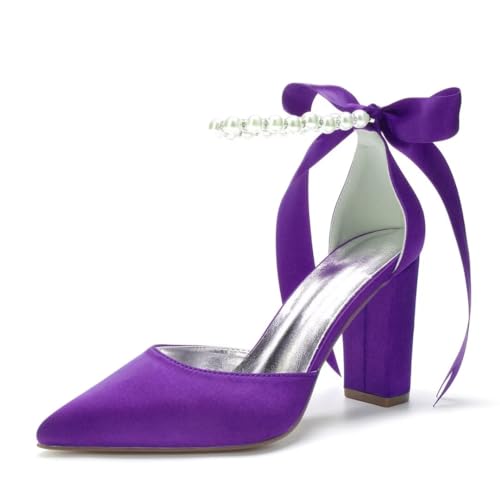 Image of Pearl Wedding Shoes for Bride Chunky Heel Poined Toe Wedding Block Heels Prom Evening Pumps